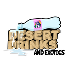 Desert Drinks and Exotics logo with Chinese fanta pouring over words